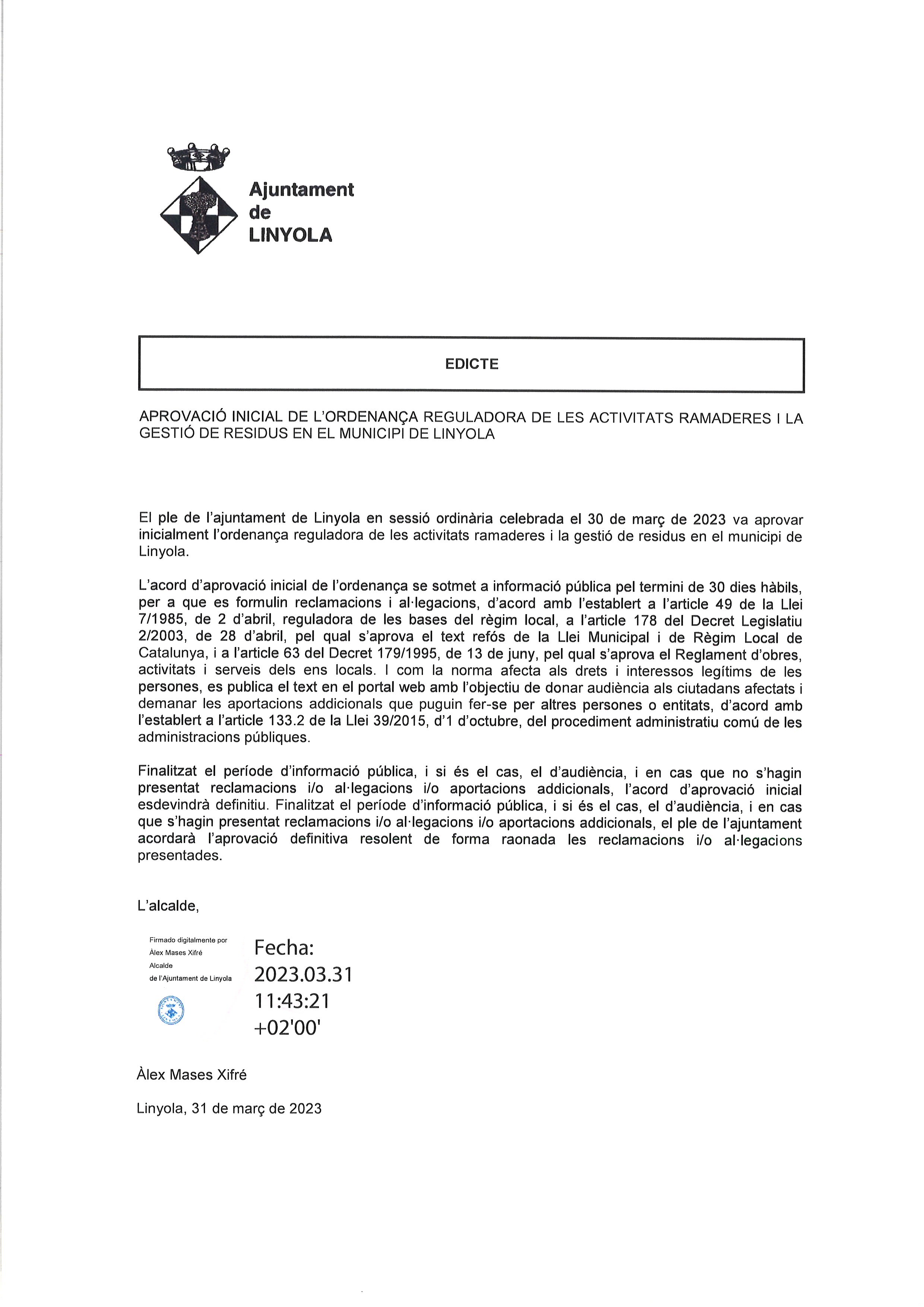 APROVACIÓ INICIAL DE L'ORDENANÇA REGULADORA ACTIVITATS RAMADERES I GESTIÓ RESIDUS