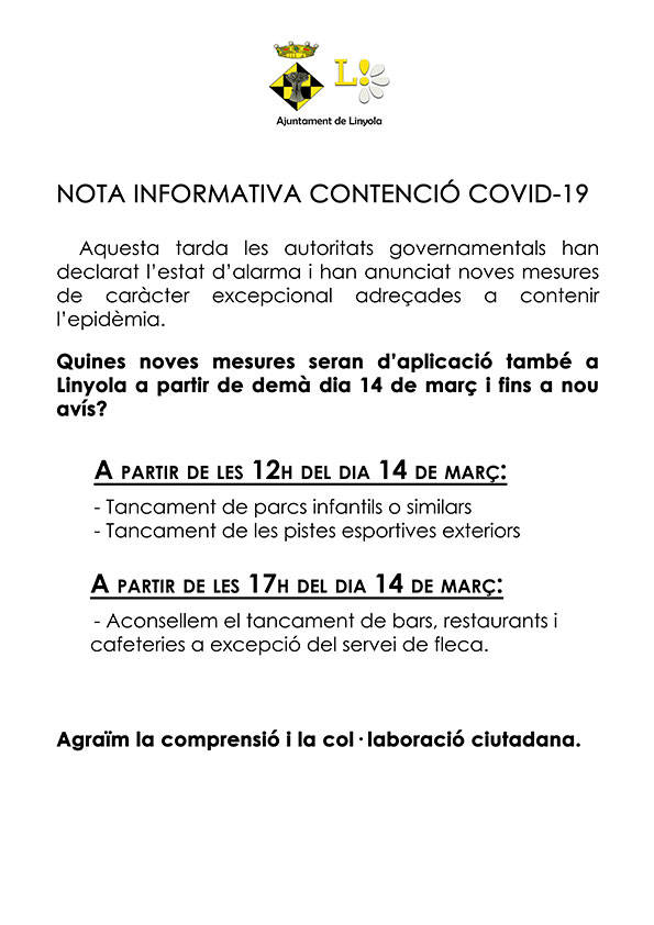 NOTA INFORMATIVA CONTENCIÓ COVID-19