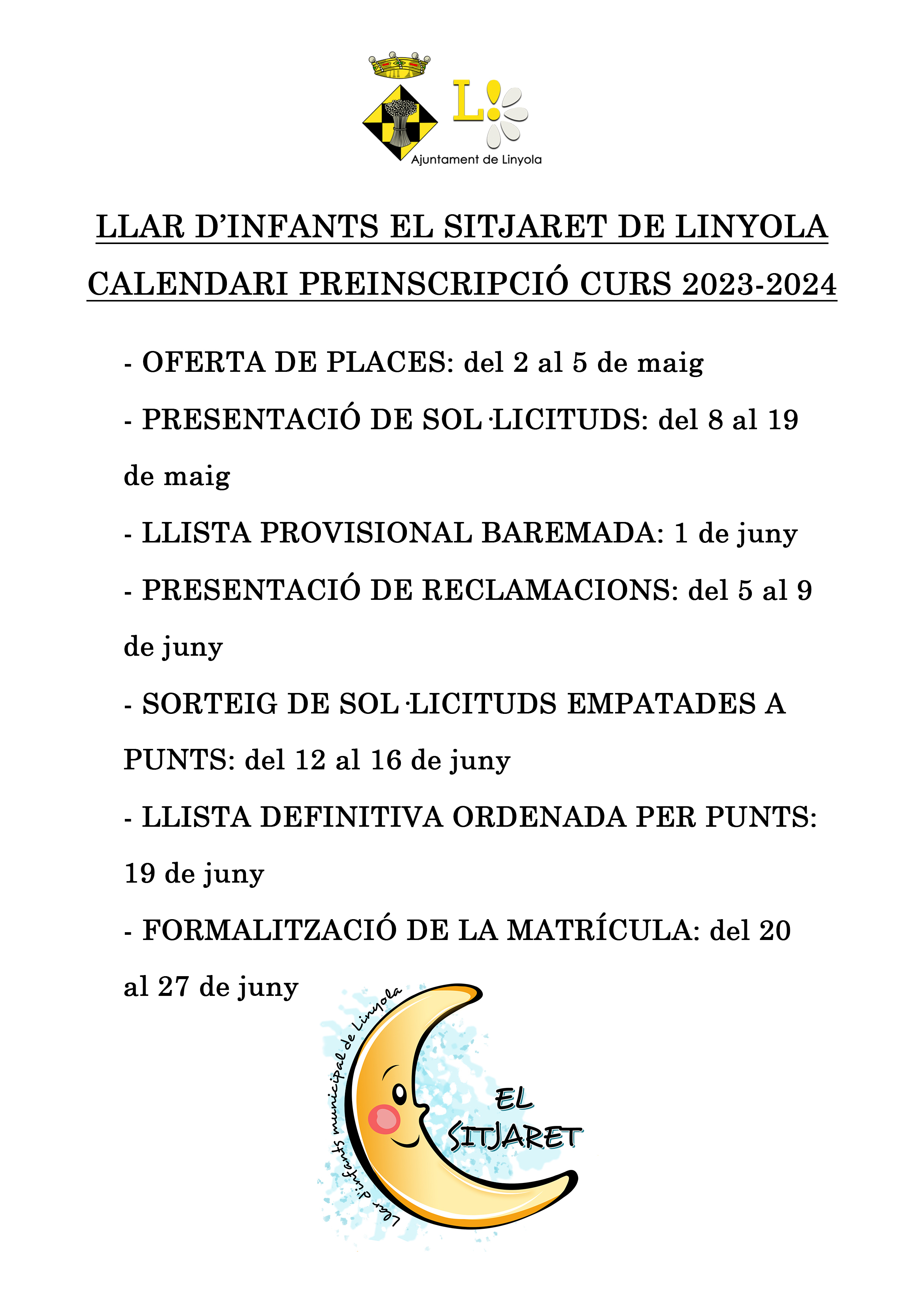 Calendari Preinscripció Llar d'infants, curs 2023-24